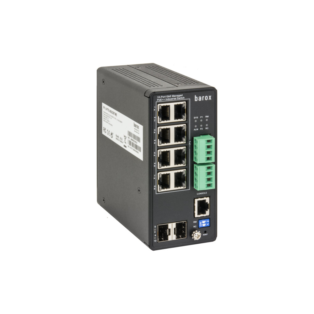 Ein 10-Port GigE Managed PoE+ industrieller Netzwerk-Switch von Barox mit mehreren Ethernet-Anschlüssen und grünen Anschlussklemmen an der Vorderseite.