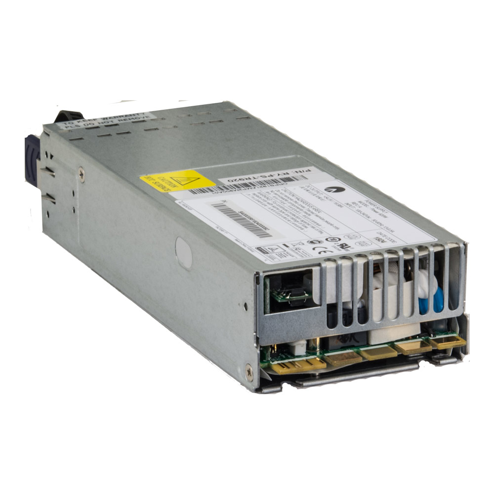 Ein silbernes Computer-Netzteil im querformatigen Design mit Lüftungsschlitzen und Anschlussmöglichkeiten auf der Vorderseite.