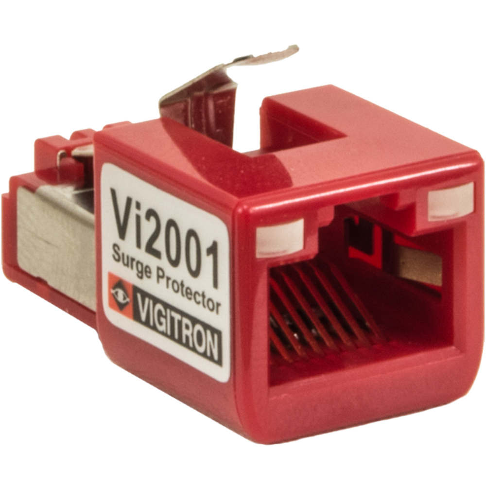 Ein roter Überspannungsschutzstecker mit der Aufschrift 'Vi2001 Surge Protector' von Vigitron.
