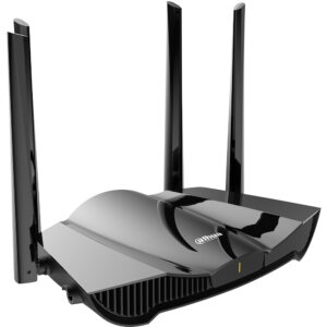 Ein schwarzer WLAN-Router mit vier Antennen und glänzender Oberfläche, mit einem Firmenlogo auf der Oberseite.