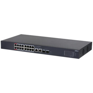 Ein schwarzer Netzwerk-Switch mit mehreren Ethernet-Ports auf der Vorderseite, Beschriftungen darüber und dem Markennamen "Dahua" in der rechten Ecke.