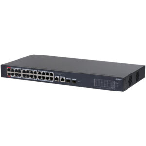 Ein schwarzer Netzwerkswitch mit mehreren Ethernet-Anschlüssen und Lüftungsschlitzen an der Seite.