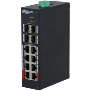 Industrie-Netzwerk-Switch von Dahua Technology mit mehreren Ethernet- und Glasfaser-Ports in schwarzem Gehäuse.