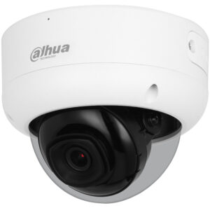 Nahaufnahme einer runden Überwachungskamera von Dahua Technology, in einem weißen Gehäuse mit schwarzem Kameramodul unter einer klaren Kuppel.