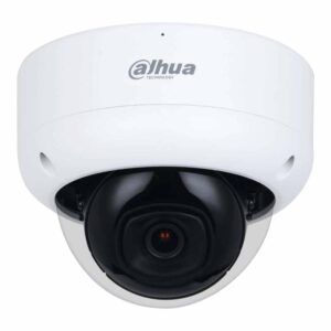 Eine weiße Dome-Überwachungskamera von Dahua Technology mit einem schwarzen Kameramodul in der Mitte.