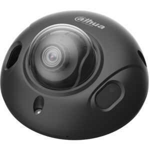 Schwarze, kuppelförmige Überwachungskamera mit einem durchsichtigen Gehäuse, das das Objektiv freigibt, und dem Markennamen "Dahua Technology" auf der Oberseite.