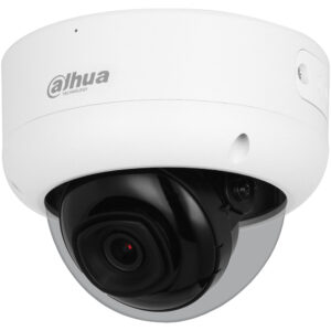 Eine weiße Dome-Überwachungskamera von Dahua mit einer transparenten Kuppelabdeckung, unter der die schwarze Kameraoptik sichtbar ist.