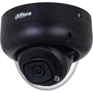 Schwarze Sicherheitskamera in Dome-Form von Dahua Technology mit einer gebogenen Abdeckung und sichtbarer Linse.