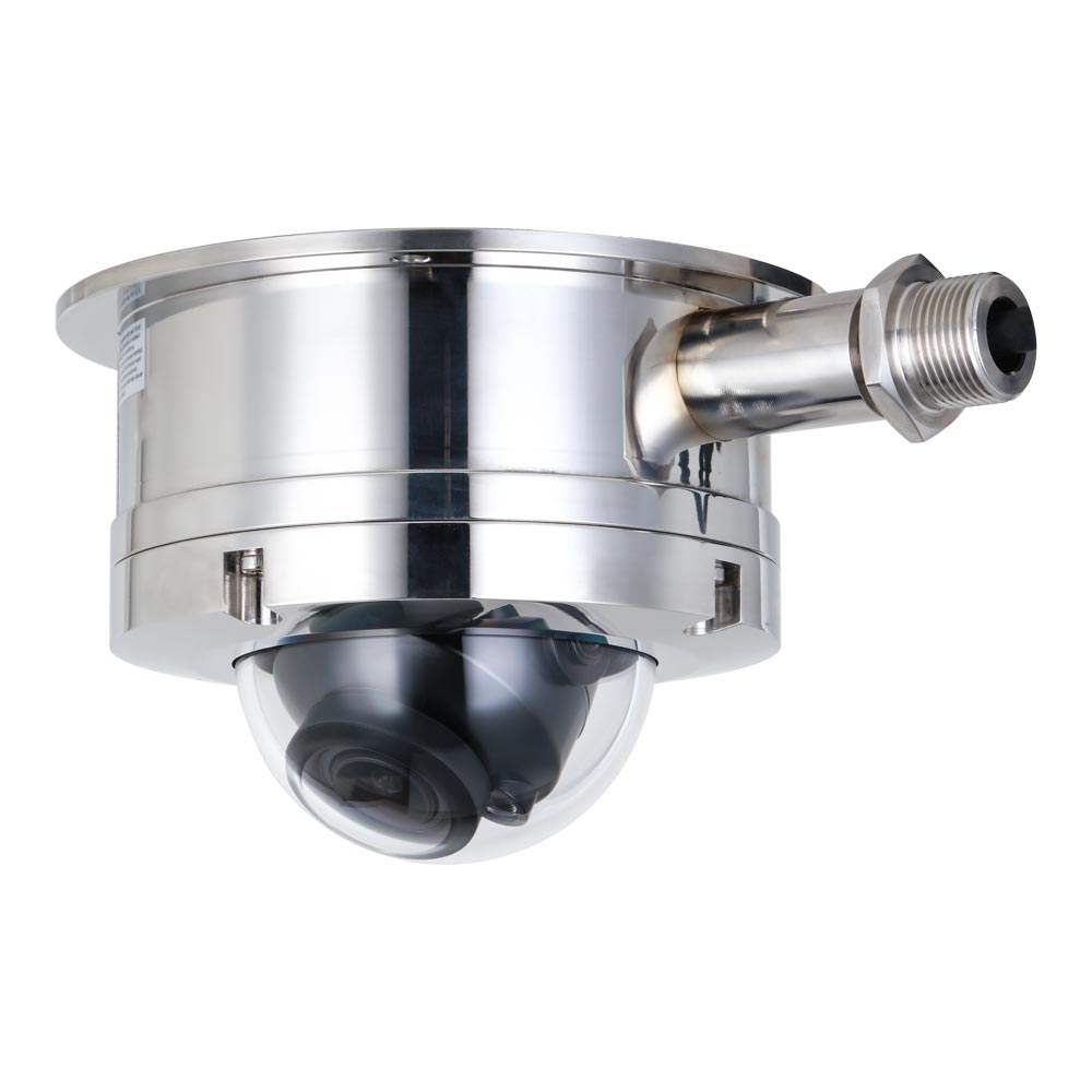 Industriekamera mit Edelstahlgehäuse, Kuppellinse und seitlichem Rohranschluss für Befestigung oder Kabeldurchführung.