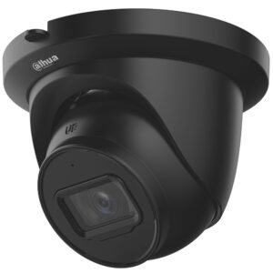 Eine schwarze Überwachungskamera von Dahua, die eine Kuppelform hat und für die Deckenmontage konzipiert ist.