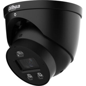 Schwarze Überwachungskamera von Dahua mit Linsen und Infrarot-LEDs auf der Unterseite.