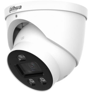 Weiße CCTV-Überwachungskamera von Dahua Technology mit einem runden Gehäuse und zwei sichtbaren LED-Leuchten.