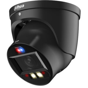Eine schwarze Sicherheitskamera von Dahua Technology mit LED-Leuchten und einer Kamera mit einem rotem und blauem Indikatorlicht.