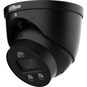 Eine schwarze Überwachungskamera von Dahua Technology mit einem kugelförmigen Gehäuse und zwei Linsen darunter.