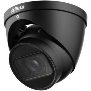 Schwarze Dome-Überwachungskamera von Dahua Technology mit einem großen, prominenten Objektiv.