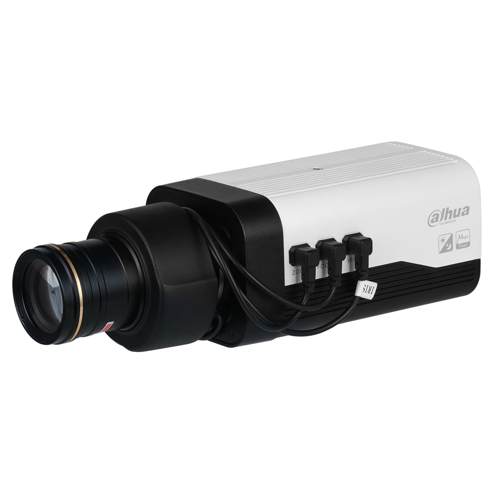 Eine CCTV-Überwachungskamera in rechteckiger Form mit einem großen Objektiv, auf dem das Markenzeichen 'Dahua' sichtbar ist.