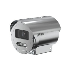 Metallische Sicherheitskamera von Dahua Technology mit zylindrischem Gehäuse, robustem Design und einem Objektiv auf der Vorderseite.