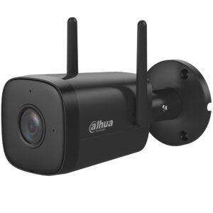 Schwarze Sicherheitskamera von Dahua Technology mit zwei Antennen und einer Wandhalterung.