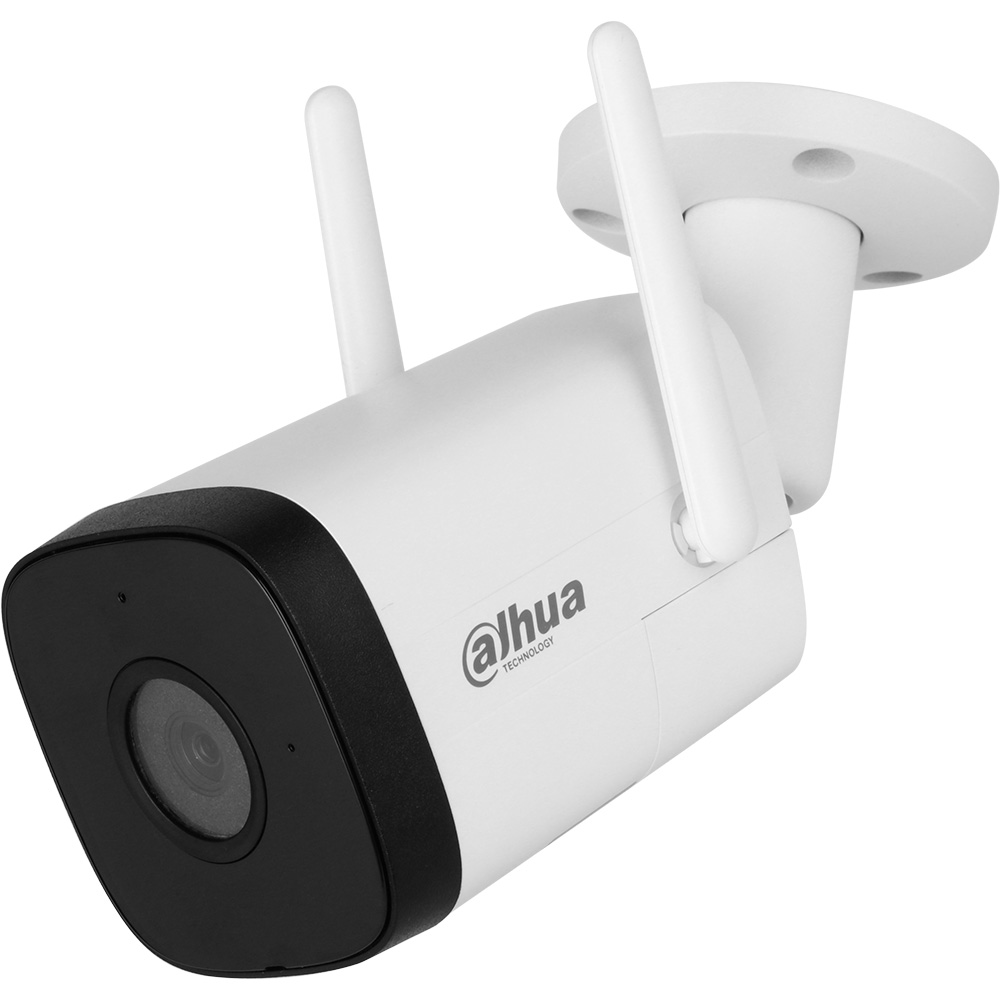 Eine weiße Überwachungskamera mit schwarzer Front, zwei Antennen, Wandhalterung und dem Logo von Dahua Technology auf der Seite.
