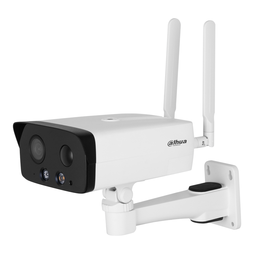 Weiße Überwachungskamera mit zwei Antennen und schwarzer Front, montiert auf einer Halterung.