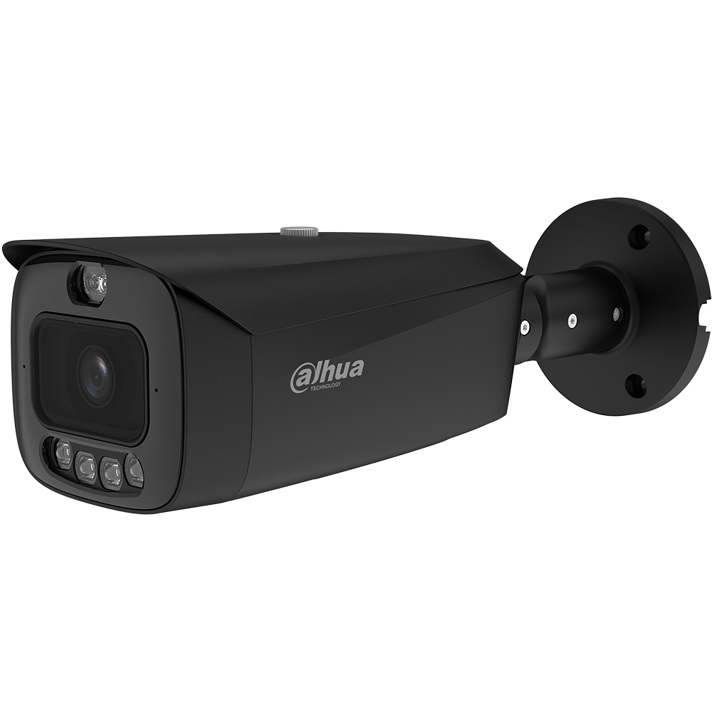 Schwarze Überwachungskamera von Dahua Technology, montiert auf einer Wandhalterung, mit einem rechteckigen Gehäuse und sichtbaren Objektiv und LED-Lichtern.