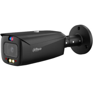 Eine schwarze Überwachungskamera von Dahua Technology mit LED-Leuchten und einem roten und blauen Lichtsensor, montiert an einer Wandhalterung.