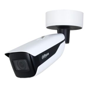 Weiß-schwarze CCTV-Kamera von Dahua, montiert auf einer runden Halterung, mit modernem Design und großem Objektiv.