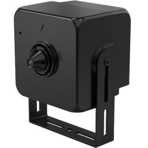 Schwarze Überwachungskamera mit eckigem Design und Halterung zur Befestigung.