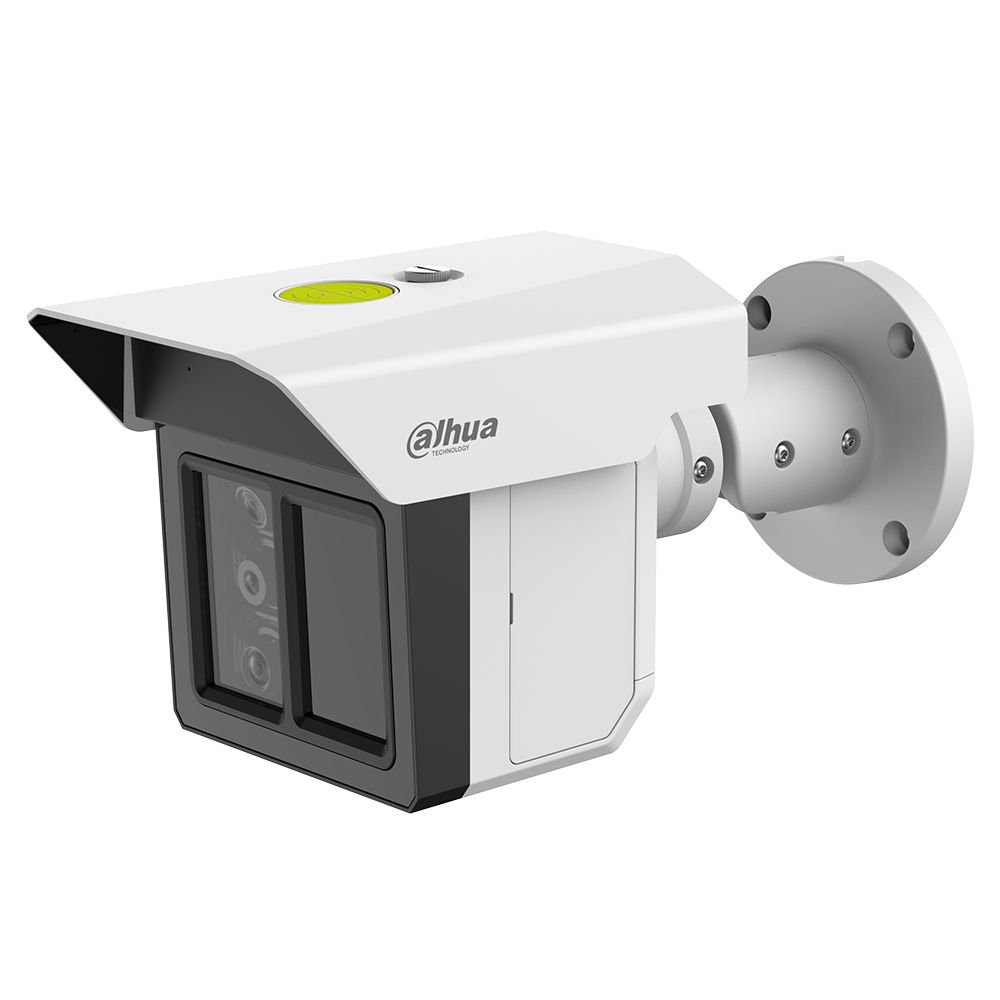 Weiße Überwachungskamera von Dahua mit rechteckigem Gehäuse und Wandhalterung.