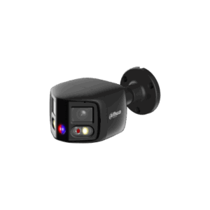 Eine CCTV-Überwachungskamera von Dahua in einem schwarzen Gehäuse, montiert an einer Wandhalterung mit einem erkennbaren Sensor und LED-Lichtern auf der Vorderseite.