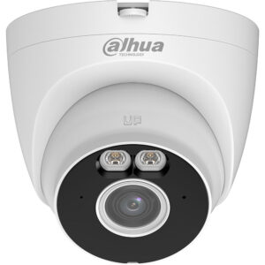Weiß-graue Überwachungskamera von Dahua Technology mit einem großen mittleren Objektiv und zwei umgebenden LED-Leuchten.