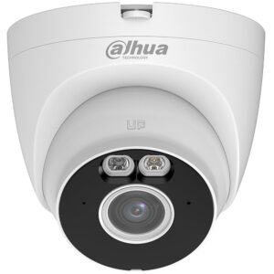 Weiße Dome-Überwachungskamera der Marke Dahua mit kreisförmigem Design und zwei Linsen unter der Aufschrift 'UF'.