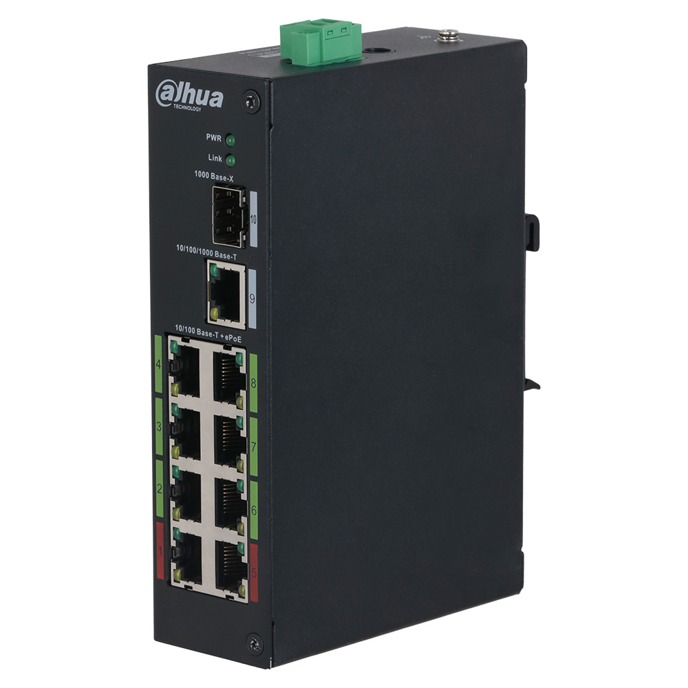 Ein schwarzer industrieller Netzwerk-Switch von Dahua Technology mit mehreren Ethernet-Ports und einer grünen Anschlussklemme an der Oberseite.