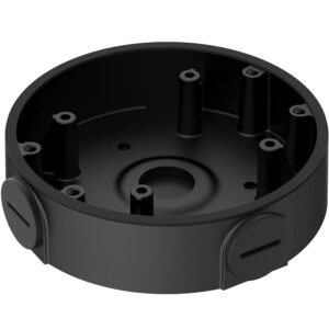 Runde schwarze Montagebox mit mehreren Befestigungslöchern und Kabelöffnungen an den Seiten.