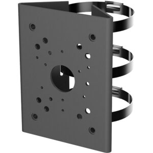Eine dunkle Metallhalterung mit mehreren Löchern und zwei Befestigungsbändern, wahrscheinlich zur Montage von Geräten, wie Kameras, an Wänden oder Masten.