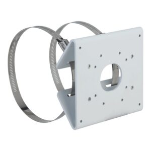 Weiße Metallhalterung mit runder Aussparung, ausgestattet mit zwei Metallbändern zur Befestigung an zylindrischen Objekten.