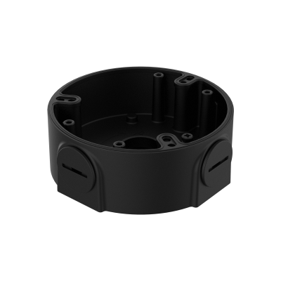 Ein schwarzes, rundes Kunststoffgehäuse mit mehreren Öffnungen und Fächern zur Aufnahme von Kabeln oder Komponenten, geeignet für den Einsatz in technischen Anwendungen.