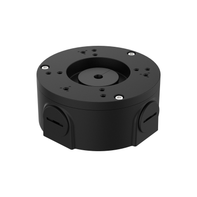 Ein schwarzer, zylindrischer Befestigungssockel mit mehreren Schraubenlöchern und Kabeldurchführungen an den Seiten.