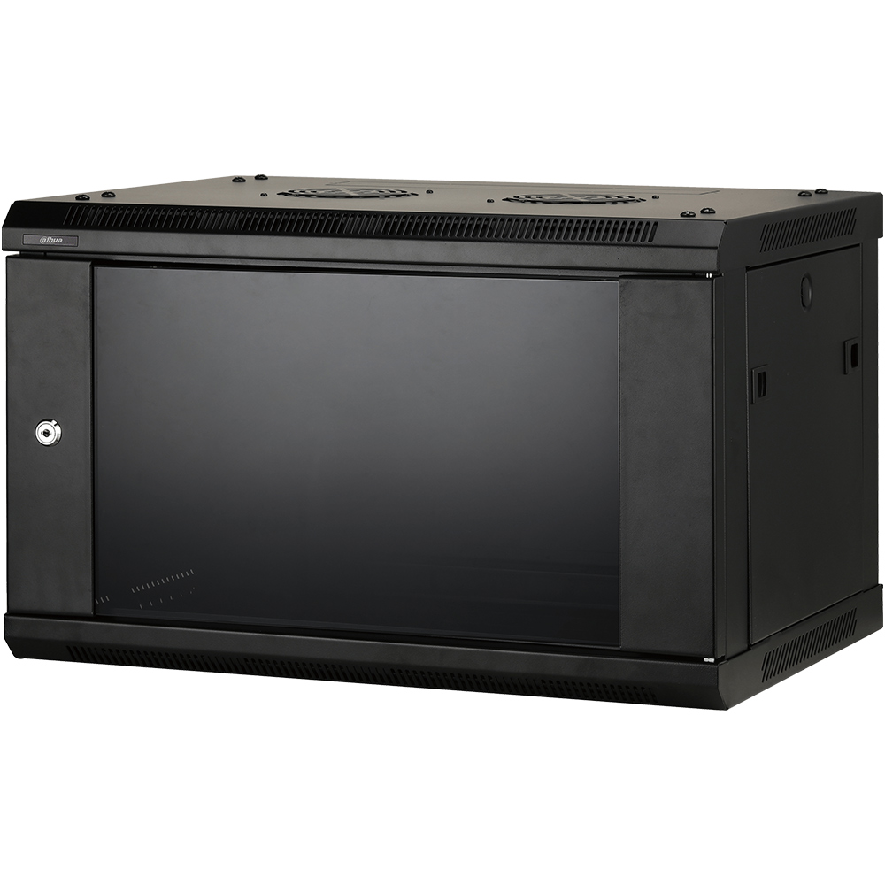 Schwarzer Wandgehäuse mit einer Glastür, Lüftungsschlitzen und seitlichen Schlitzen zur Montage.