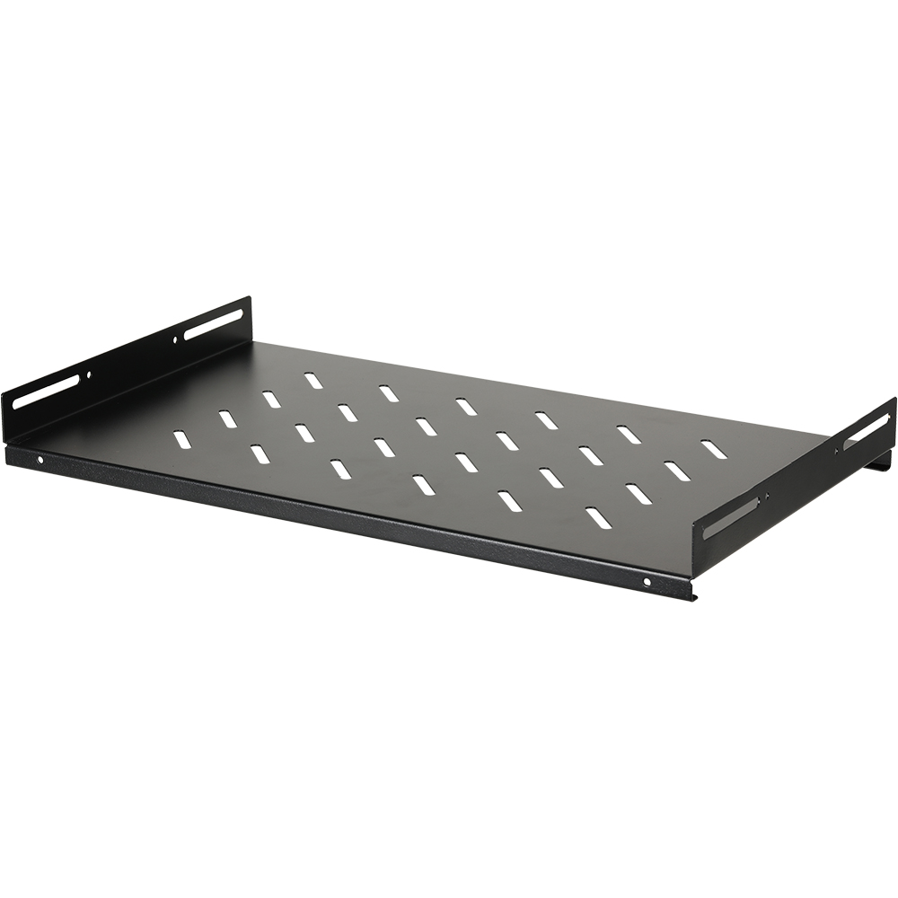 Schwarzes Regalbrett mit Lüftungsschlitzen und seitlichen Montagewinkeln, ideal zur Befestigung in einem Serverschrank oder Rack.