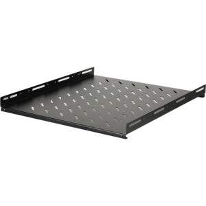 Ein schwarzes, perforiertes Rack-Montagefach aus Metall mit seitlichen Lüftungsschlitzen.