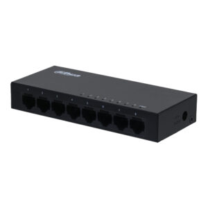 Ein schwarzer Ethernet-Switch mit acht LAN-Anschlüssen, wobei jeder Anschluss nummeriert ist.