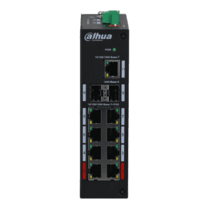 Ein schwarzer Netzwerk-Switch von Dahua mit mehreren Ethernet-Ports, darunter 10/100/1000 Base-T und 1000 Base-X-Anschlüsse sowie Power over Ethernet (PoE)-Unterstützung an der Vorderseite.