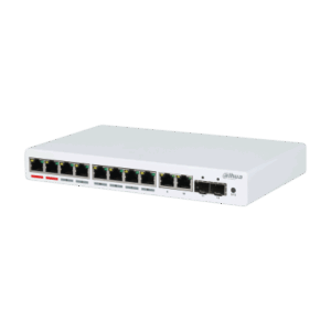 Ein weißer Netzwerk-Switch mit neun Ethernet-Ports, darunter ein spezieller Port rechts, und der Markenname „Dahua“ auf der Vorderseite.