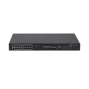 Ein schwarzer Netzwerk-Switch mit mehreren Ethernet-Ports auf der Vorderseite.
