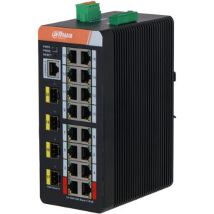 Ein schwarzer Industrieswitch von Dahua Technology mit mehreren Ethernet-Ports und zwei grünen Anschlüssen auf der Oberseite.