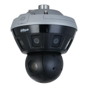 Eine Überwachungskamera von Dahua Technology mit einem kugelförmigen Objektiv an der Unterseite und mehreren kleineren Linsen an der Seite.