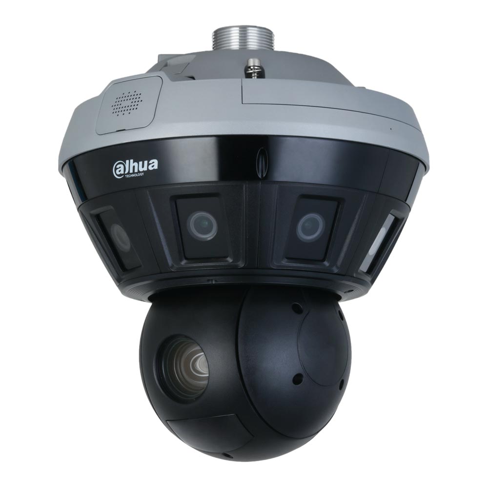 Eine Überwachungskamera von Dahua Technology mit einem kugelförmigen Objektiv an der Unterseite und mehreren kleineren Linsen an der Seite.