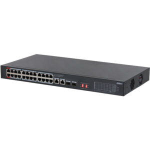 Ein schwarzer Netzwerk-Switch von Dahua mit mehreren Ethernet-Ports, zwei Lüftungsgittern und einem LED-Panel auf der Vorderseite.