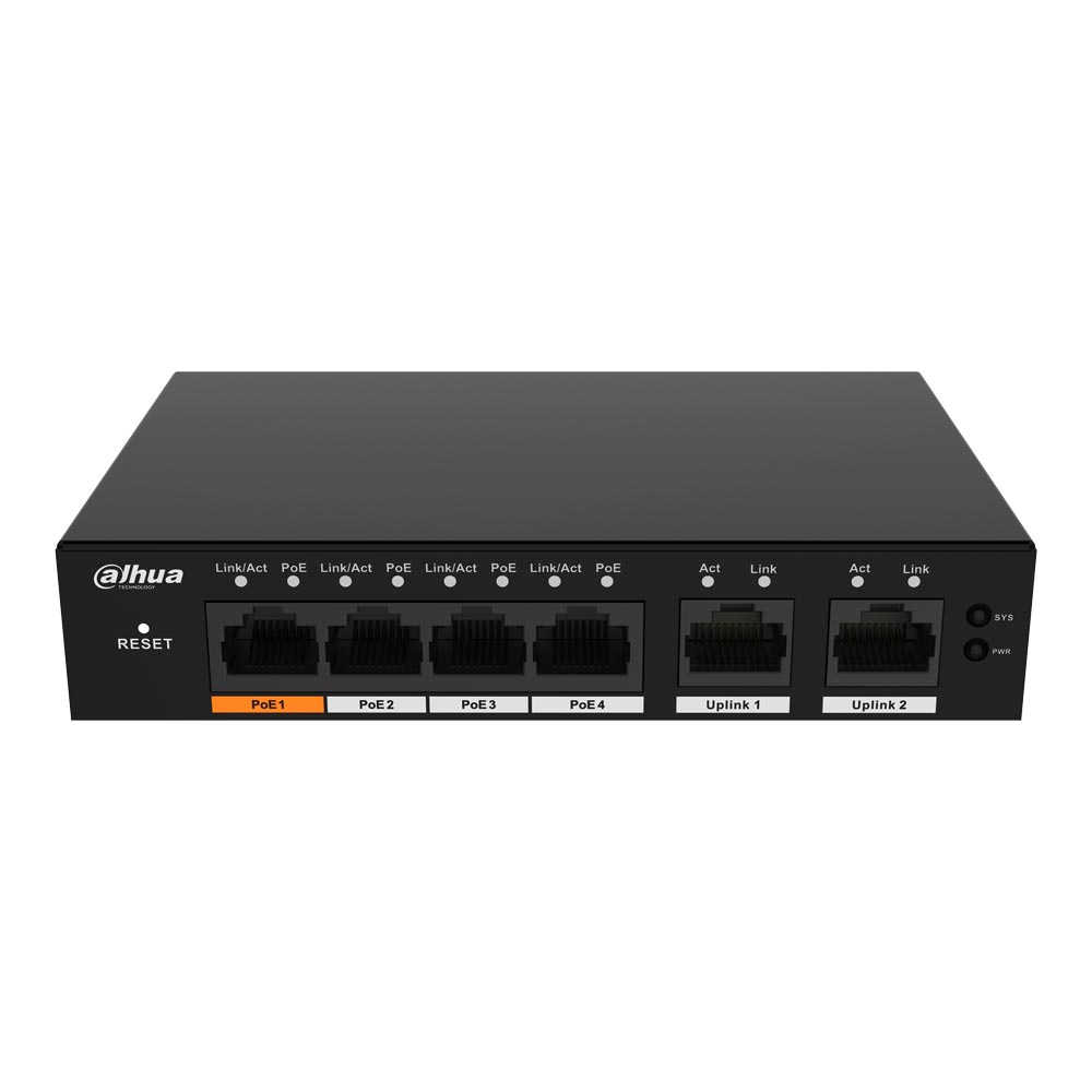 Schwarzer Netzwerkswitch von Dahua mit vier PoE-Ports, zwei Uplink-Ports, sowie Reset-Taste und Statusanzeigen.